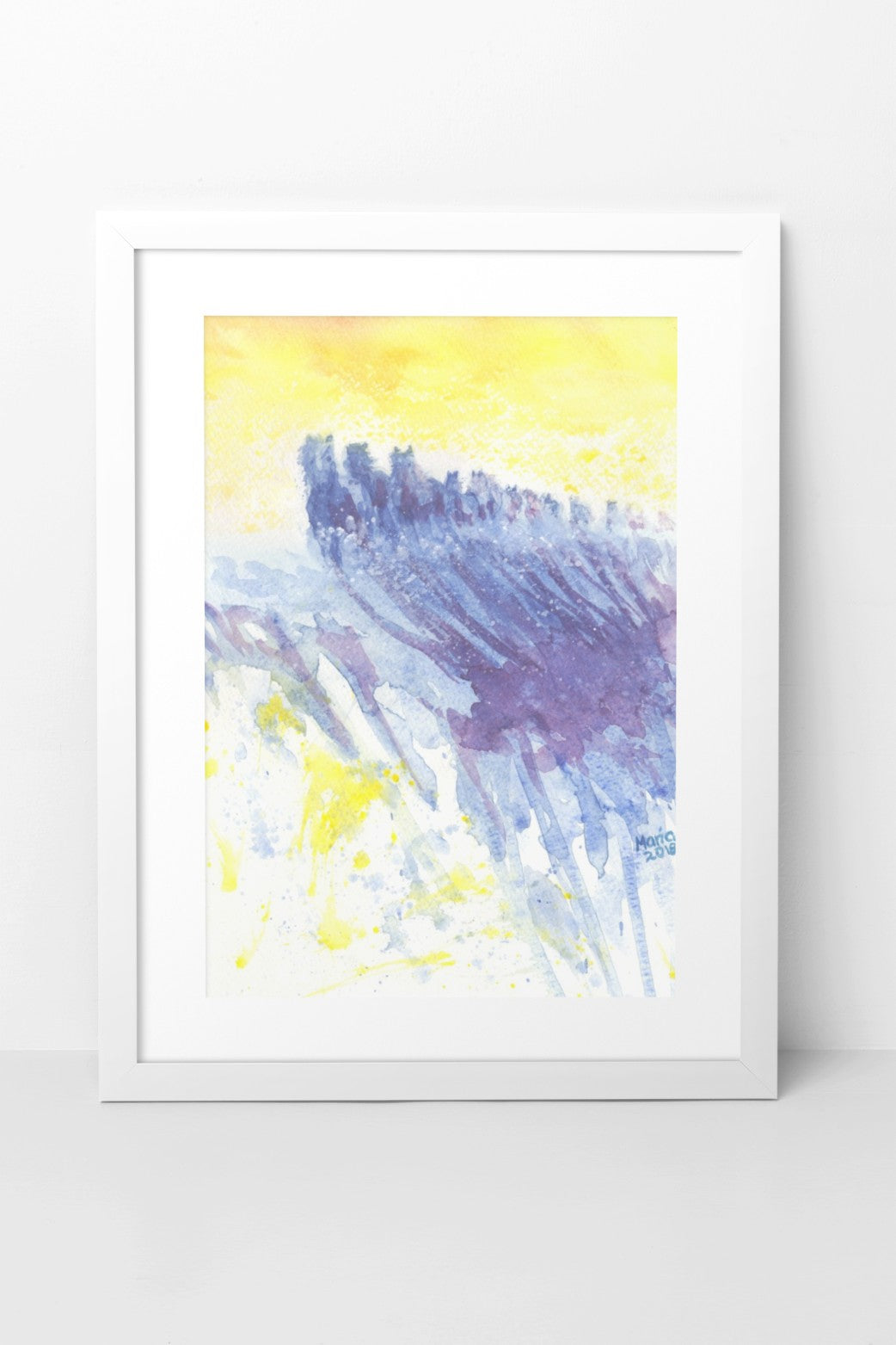Oil pastel painting of a herd of horses galloping in a rough, straight line, depicted as blue silhouettes contrasting against a vibrant yellow background. The scene evokes a sense of sunset as the horses return to rest after a long day. The A4-sized artwork is displayed in a white mock-up frame against a neutral background, highlighting the bold color contrasts and dynamic movement.