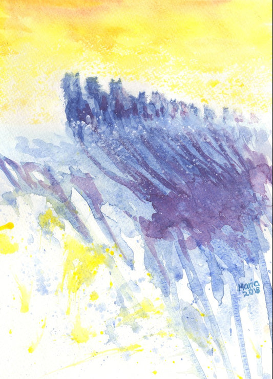 Oil pastel painting of a herd of horses galloping in a rough, straight line, depicted as blue silhouettes contrasting against a vibrant yellow background. The scene evokes a sense of sunset in the west as the horses return to rest after a long day. The artwork is A4 in size.