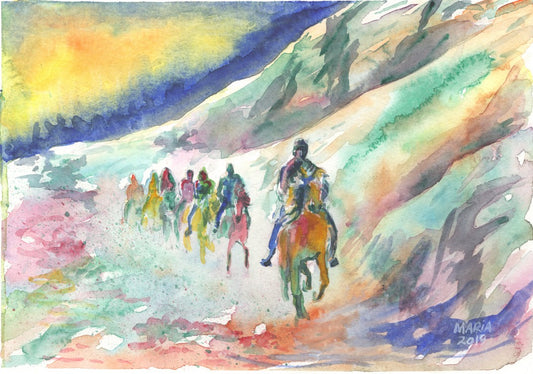A vibrant painting depicting a group of people on a horseback riding trip beneath a towering mountainous cliff. The painting features a variety of hues, including grey, green, orange, red, pink, and white. The sky behind them, from where they came, is split into strong blue and yellow tones, creating a dramatic contrast with the landscape.  The artwork is A4 in size. 