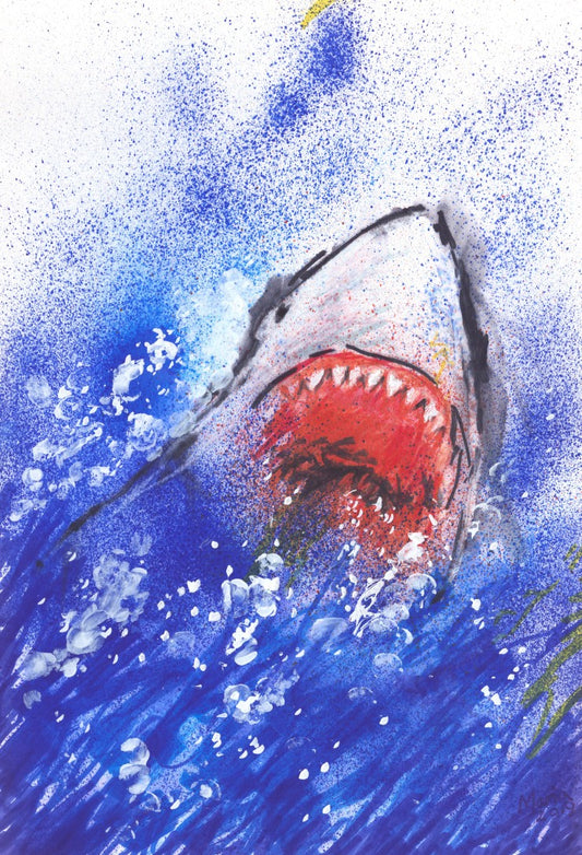 Pen drawing on glossy paper of a shark leaping out of deep blue waters with white splashes. The shark is seen from the front, with its gaping mouth and sharp teeth on display. The artwork is A4 in size.
