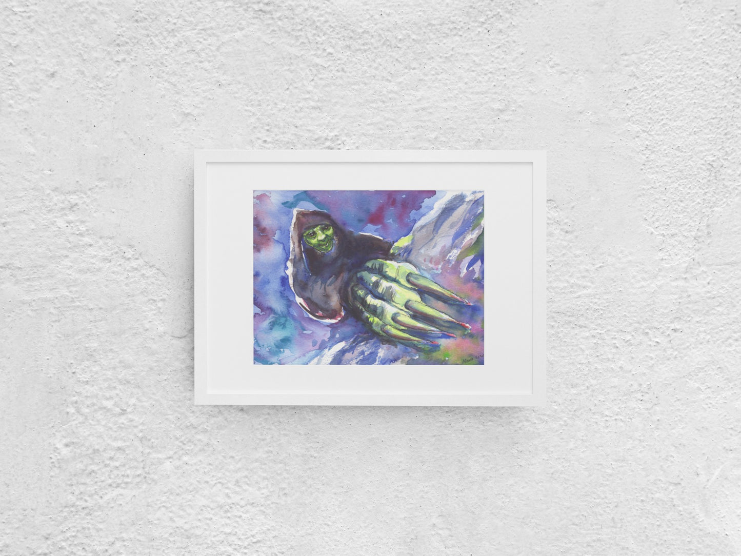 Watercolor painting of Grýla shown up close, with her hand featuring large claws even closer, as if she is crawling up toward the viewer. Her shadowy figure is contrasted by her green face and hand, which are highlighted. Grýla has a nefarious smile on her face. The background is filled with contrasting white, blue, and purple tones that stand out against the green and black elements of her figure. The A4-sized artwork is displayed in a white mock-up frame against a neutral background.