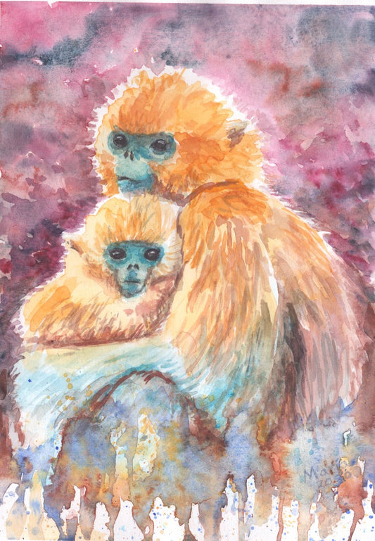 Watercolor painting of a golden snub-nosed monkey mother caressing her baby. The piece is vibrant, showcasing their golden fur, blue faces, deep dark eyes, and subtle smiles. The background is fluid, with red and black hues at the top, transitioning to green, blue, and brown hues at the bottom. Titled 'Happy Mother's Day,' the artwork celebrates all types of mothers in the world. The artwork is A4 in size.
