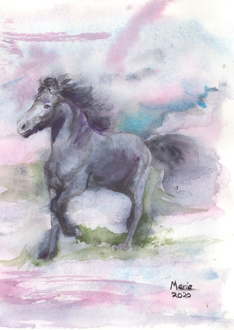 Watercolor painting of an Icelandic horse named Manni, trotting and frolicking on green grass, moving to the left. Manni is black with a matching black mane. The background features soft shades of pink, blue, and green, creating a gentle and serene scene. The artwork is A4 in size.