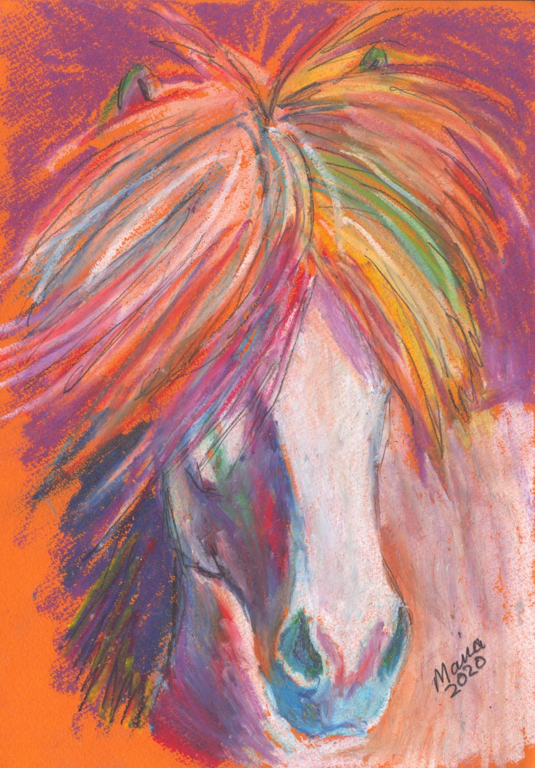 Oil pastel artwork of a light gray Icelandic horse with a vibrant, colorful mane on orange paper. The close-up focuses on the horse’s face, with its mane, in shades of green, red, purple, white, orange, and blue, covering its eyes. Light shines from the right side, softly illuminating its snout, while the eyes remain hidden beneath the flowing mane. The artwork is A4-sized.