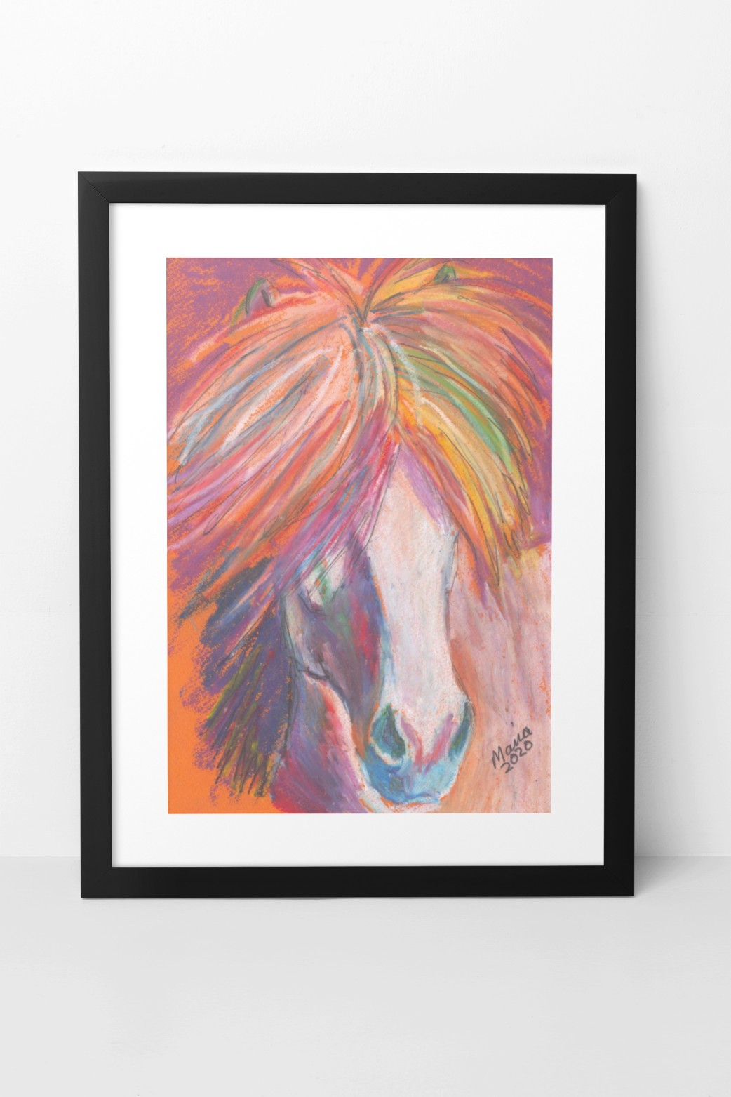 Oil pastel artwork of a light gray Icelandic horse with a vibrant, colorful mane on orange paper. The close-up focuses on the horse’s face, with its mane in shades of green, red, purple, white, orange, and blue covering its eyes. Light shines from the right side, softly illuminating its snout, while the eyes remain hidden beneath the flowing mane. The A4-sized artwork is displayed in a black mock-up frame against a neutral background, highlighting its vibrant colors and gentle expression.