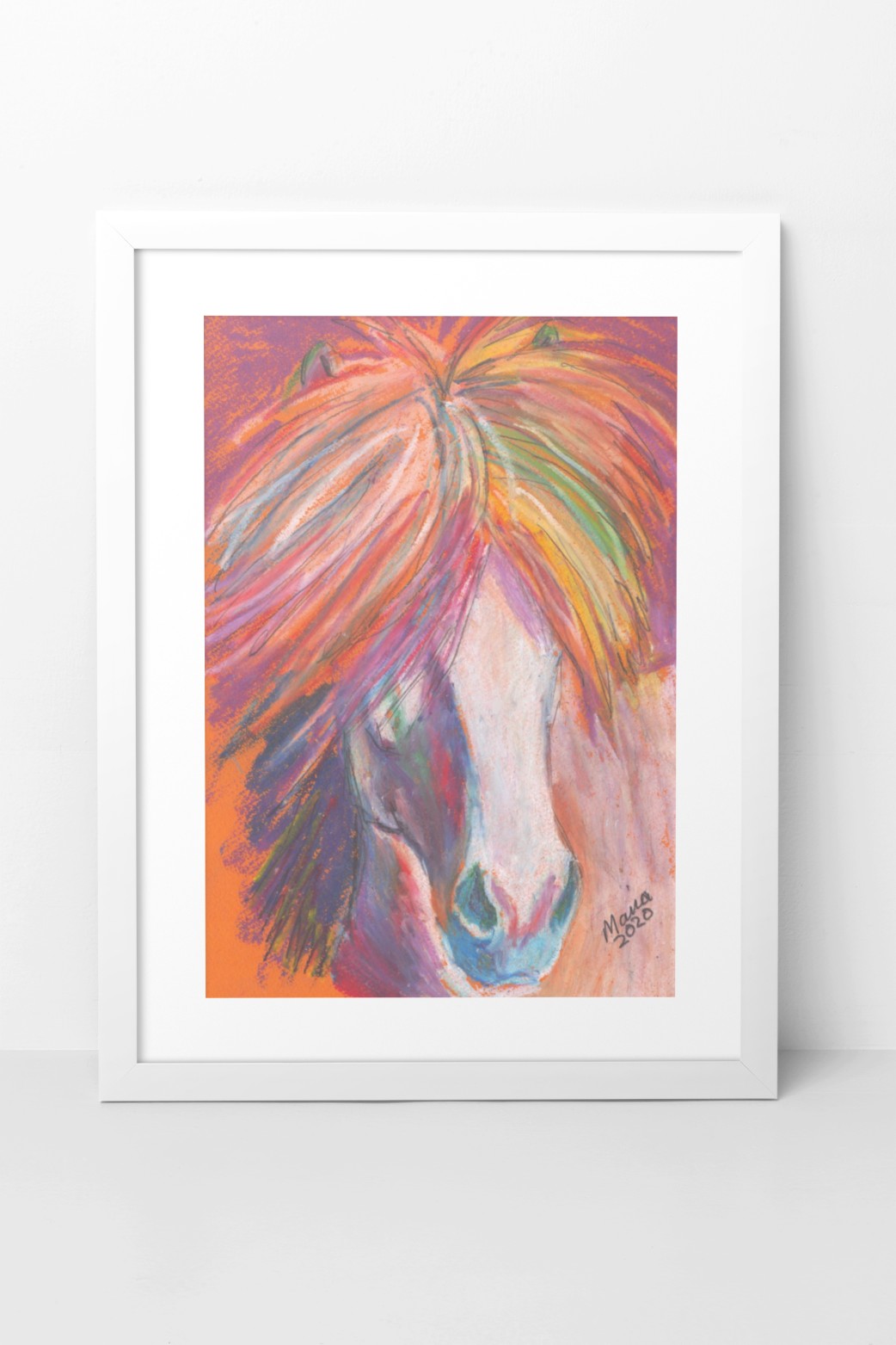 Oil pastel artwork of a light gray Icelandic horse with a vibrant, colorful mane on orange paper. The close-up focuses on the horse’s face, with its mane in shades of green, red, purple, white, orange, and blue covering its eyes. Light shines from the right side, softly illuminating its snout, while the eyes remain hidden beneath the flowing mane. The A4-sized artwork is displayed in a white mock-up frame against a neutral background, highlighting its vibrant colors and gentle expression.