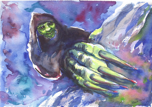 Watercolor painting of Grýla shown up close, with her hand featuring large claws even closer, as if she is climbing or crawling up toward the viewer. Her shadowy figure is contrasted by her green face and hand, which are highlighted. Grýla has a nefarious smile on her face. The background is filled with contrasting white, blue and purple tones that stand out against the green and black elements of her figure. The artwork is A4 in size.