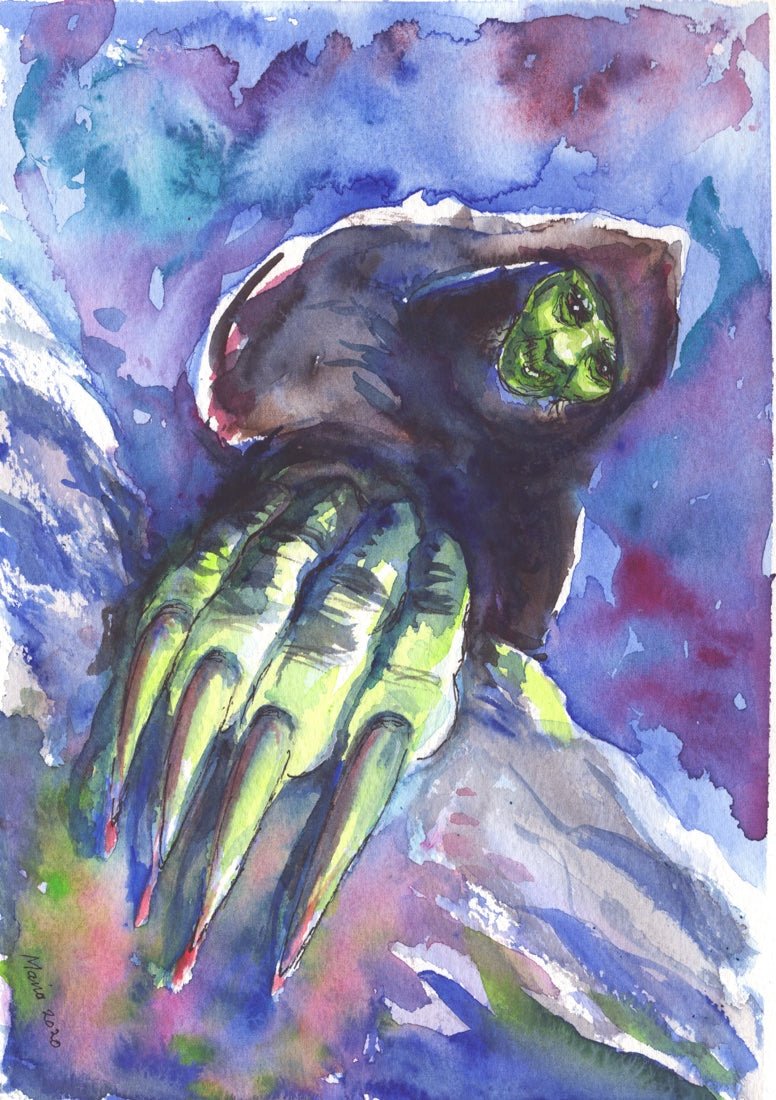 Watercolor painting of Grýla shown up close, with her hand featuring large claws even closer, as if she is climbing or crawling up toward the viewer. Her shadowy figure is contrasted by her green face and hand, which are highlighted. Grýla has a nefarious smile on her face. The background is filled with contrasting white, blue and purple tones that stand out against the green and black elements of her figure. The artwork is A4 in size.