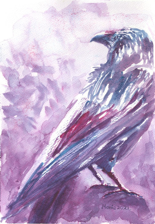 Watercolor painting of a raven resting on a perch, shown from the back with its head turned to the side. The raven is depicted in dark, soft shades of purple, red, and blue, creating a mysterious and contemplative mood. The artwork is A4 in size.