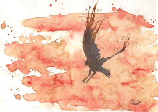 A watercolor and coffee painting of a black raven in mid-flight with its wings raised high and feet stretched, as if preparing to land. The background features a vibrant reddish-orange hue, resembling a hot summer day. The artwork is A4-sized.