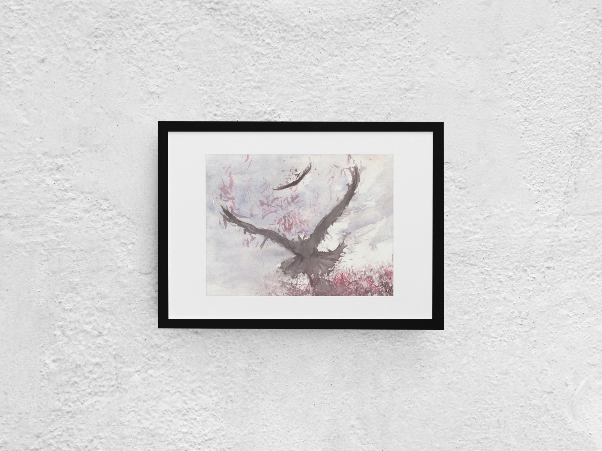 Watercolor painting of two ravens gliding effortlessly through the sky, seen from behind. The birds are painted in earthy tones of black and dark brown, set against a backdrop of red autumn leaves and a sky with hues of blue and gray. The artwork is displayed in a black mock-up frame against a neutral background, highlighting the serene and natural beauty of the scene.
