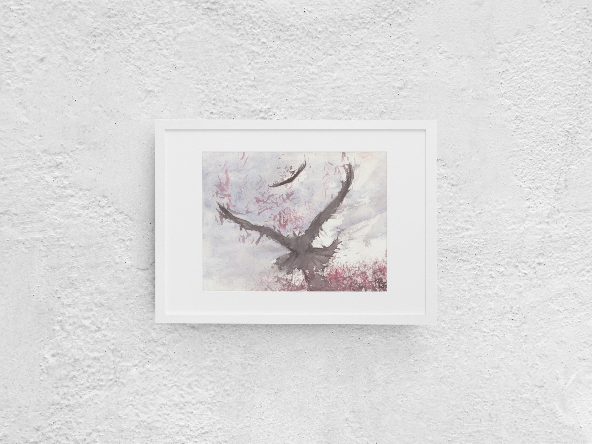 Watercolor painting of two ravens gliding effortlessly through the sky, seen from behind. The birds are painted in earthy tones of black and dark brown, set against a backdrop of red autumn leaves and a sky with hues of blue and gray. The artwork is displayed in a white mock-up frame against a neutral background, highlighting the serene and natural beauty of the scene.