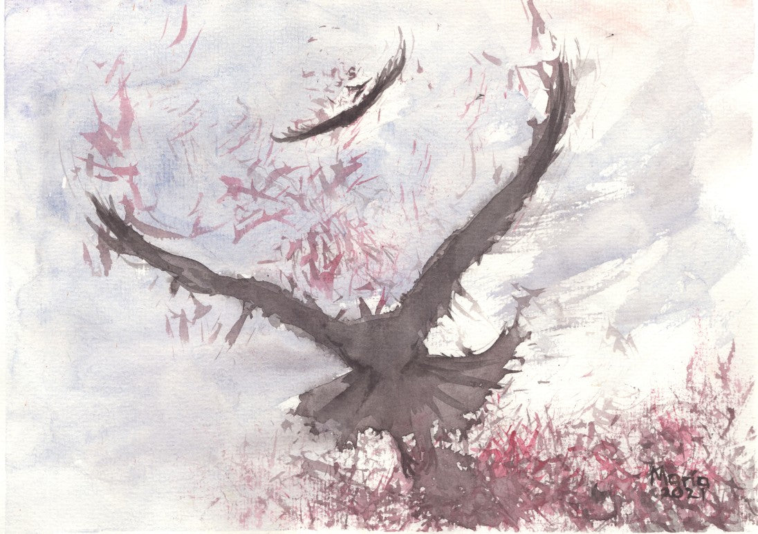 Watercolor painting of two ravens gliding effortlessly through the sky, seen from behind. The birds are painted in earthy tones of black and dark brown, set against a backdrop of red autumn leaves and a sky with hues of blue and gray, capturing the quiet rustle of fall.