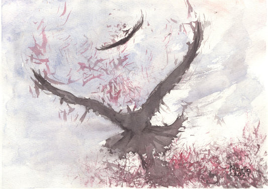 Watercolor painting of two ravens gliding effortlessly through the sky, seen from behind. The birds are painted in earthy tones of black and dark brown, set against a backdrop of red autumn leaves and a sky with hues of blue and gray, capturing the quiet rustle of fall.