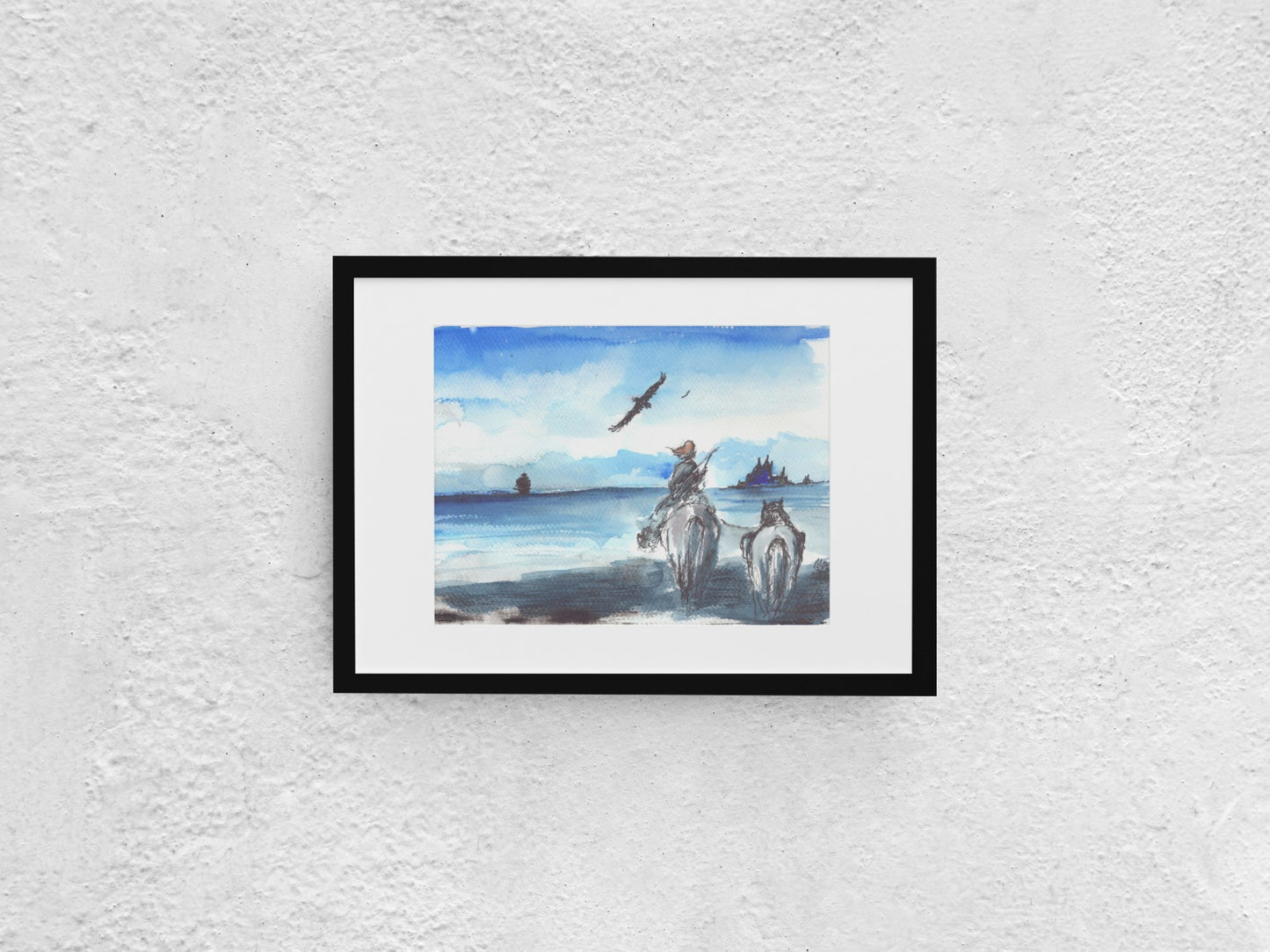 Watercolor and pen artwork of a woman on horseback, gazing out toward a fjord. She carries a bow and arrows in a pouch on her back, accompanied by a second horse carrying supplies, indicating her as an adventurer. A raven flies across the sky, and two rocky islands can be seen in the distance. The A4-sized artwork is displayed in a black mock-up frame against a neutral background, highlighting its adventurous theme and serene landscape.