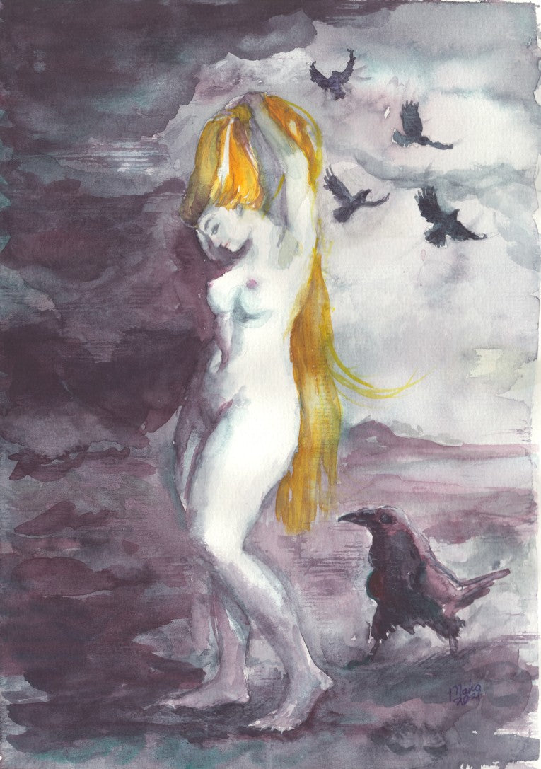 Watercolor painting of a naked fair-skinned woman brushing her long golden hair beside a raven that has landed and is looking at her. Four other ravens are flying above her. The colors are dark and soft, with shades of black, gray, and purple, creating a mysterious and ethereal atmosphere. The artwork is A4 in size.