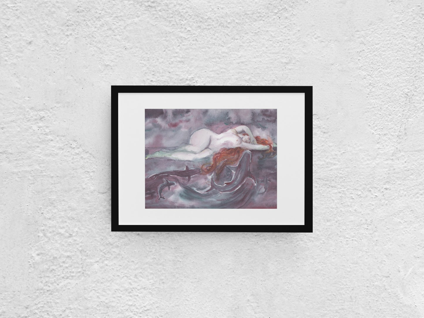 Watercolor painting of a naked Renaissance-style woman with fair skin and long red hair, lying on glass over water. Three sharks swim up to her, with the largest kissing her arm, the middle-sized shark kissing her hair, and the smallest behind them. The scene features dark tones of gray, purple, and black, with misty air in shades of gray and red. Her right hand rests over her forehead. The A4-sized artwork is displayed in a black mock-up frame against a neutral background.