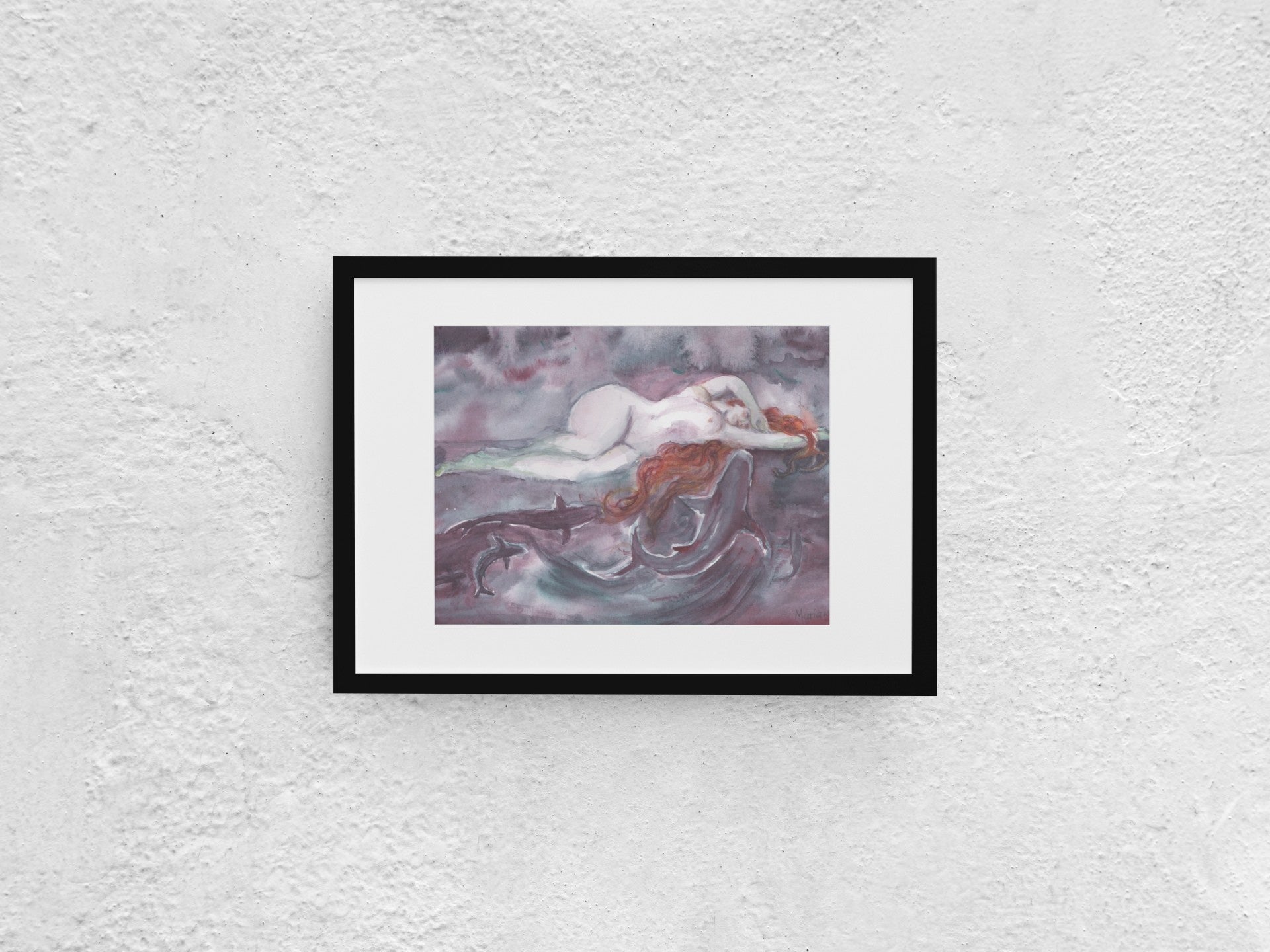 Watercolor painting of a naked Renaissance-style woman with fair skin and long red hair, lying on glass over water. Three sharks swim up to her, with the largest kissing her arm, the middle-sized shark kissing her hair, and the smallest behind them. The scene features dark tones of gray, purple, and black, with misty air in shades of gray and red. Her right hand rests over her forehead. The A4-sized artwork is displayed in a black mock-up frame against a neutral background.