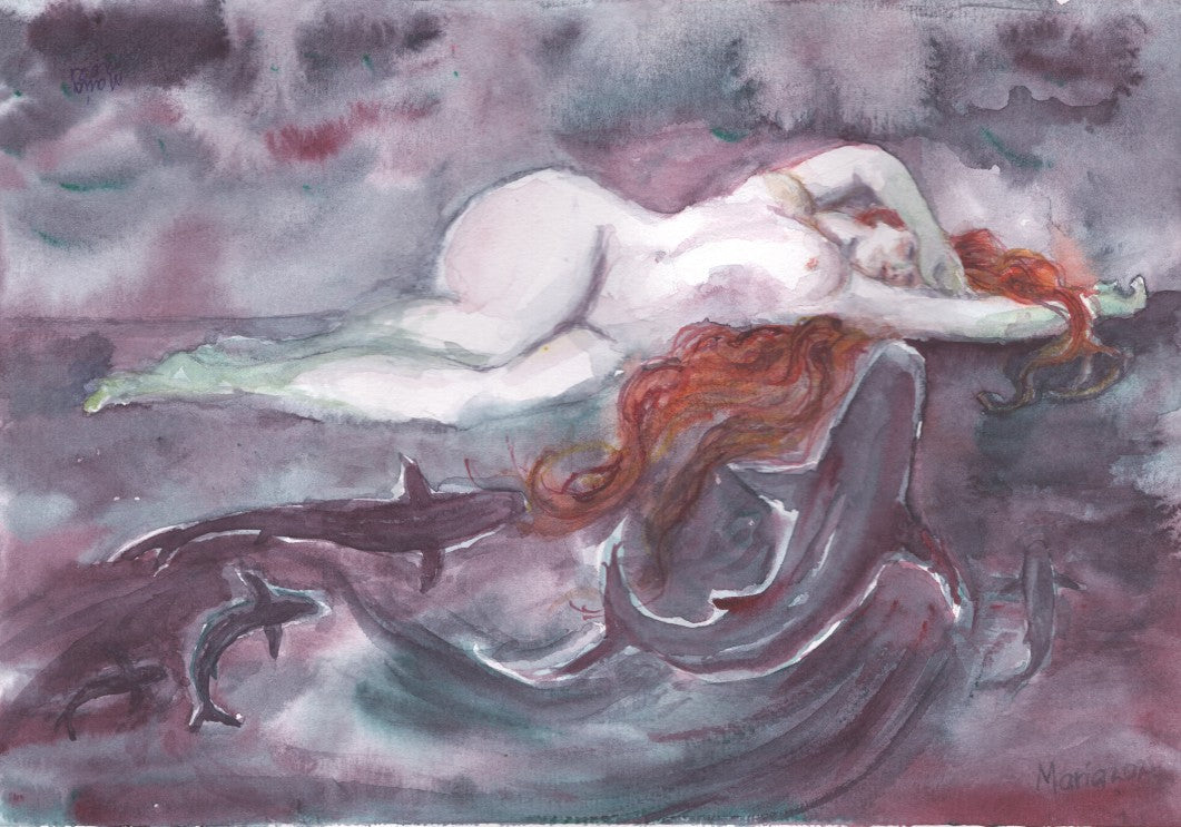 A watercolor painting of a naked Renaissance-style woman with fair skin and long red hair, lying on what appears to be glass over water. Three sharks of different sizes swim up to her, with the largest kissing her arm, the middle-sized shark kissing her hair, and the smallest behind them. The scene is dark, with hues of gray, grayish purple, and black. The misty air is tinted with gray, grayish purple, and grayish red. Her right hand rests over her forehead. The artwork is A4 in size.