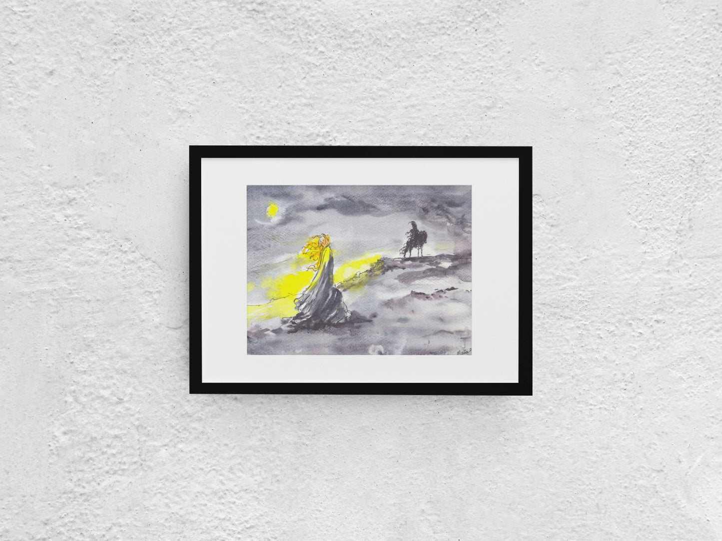 Watercolor and pen artwork depicting a woman with golden hair swaying in the bitter cold wind, alongside the Deacon of Dark River portrayed as a shadowy figure at a distance on a horse. In the upper left corner, a moon glitters in the night sky. The piece primarily features dark colors, including black and grays, contrasted with striking yellow and white elements. The A4-sized artwork is displayed in a black mock-up frame against a neutral background, highlighting its moody and dramatic composition.