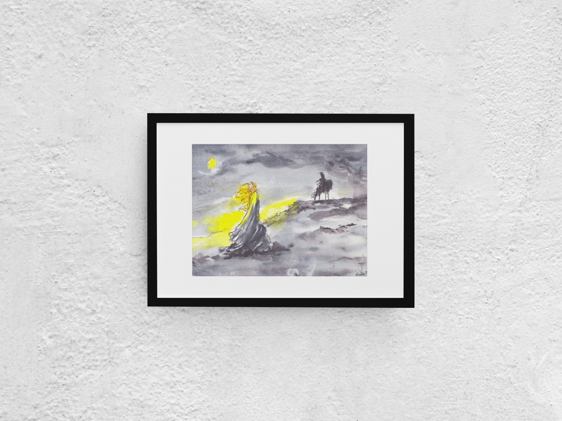 Watercolor and pen artwork depicting a woman with golden hair swaying in the bitter cold wind, alongside the Deacon of Dark River portrayed as a shadowy figure at a distance on a horse. In the upper left corner, a moon glitters in the night sky. The piece primarily features dark colors, including black and grays, contrasted with striking yellow and white elements. The A4-sized artwork is displayed in a black mock-up frame against a neutral background, highlighting its moody and dramatic composition.