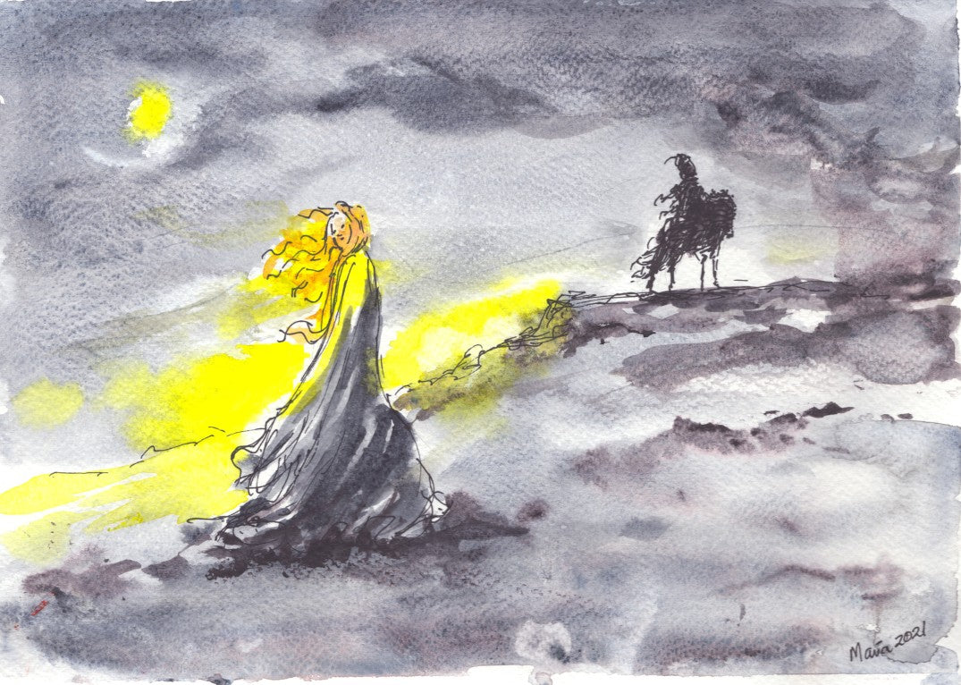Watercolor and pen artwork depicting a woman with golden hair swaying in the bitter cold wind, alongside the Deacon of Dark River portrayed as a shadowy figure at a distance on a horse. In the upper left corner, a moon glitters in the night sky. The piece primarily features dark colors, including black and grays, contrasted with striking yellow and white elements. The artwork is A4 in size.