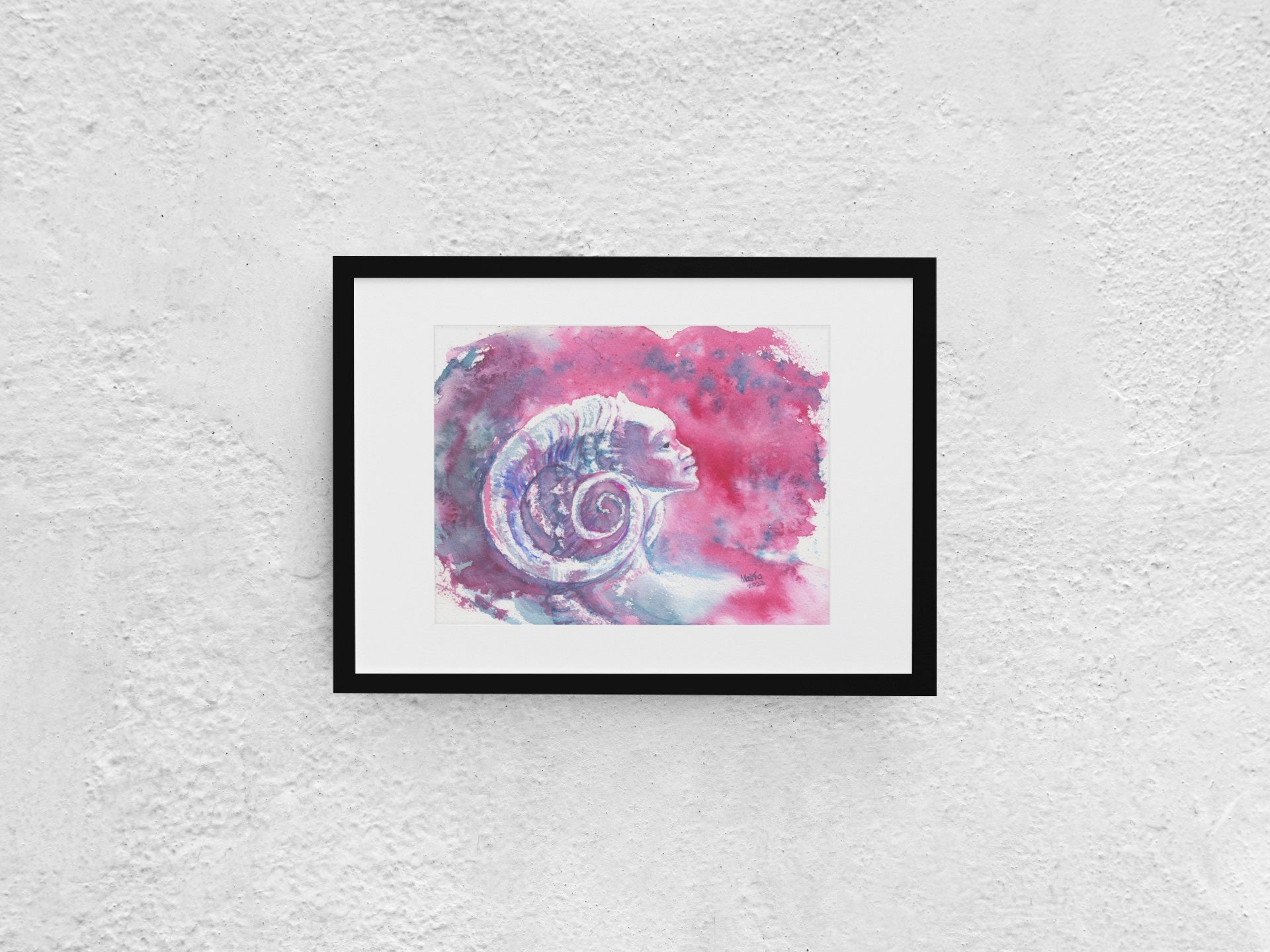 Watercolor painting of a fantastical woman with curled horns, shown in a side profile with only her face and shoulders visible. The colors are vibrant, featuring pinkish-red, gray, and hues of blue, creating a striking and otherworldly image. The A4-sized artwork is displayed in a black mock-up frame against a neutral background, enhancing its bold and mystical qualities.