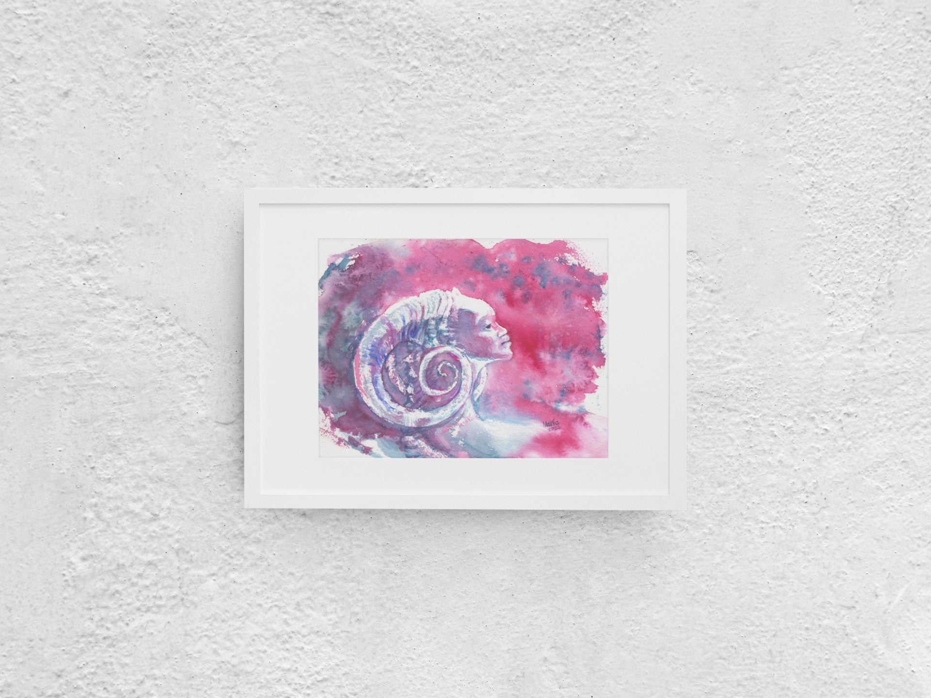 Watercolor painting of a fantastical woman with curled horns, shown in a side profile with only her face and shoulders visible. The colors are vibrant, featuring pinkish-red, gray, and hues of blue, creating a striking and otherworldly image. The A4-sized artwork is displayed in a white mock-up frame against a neutral background, enhancing its bold and mystical qualities.
