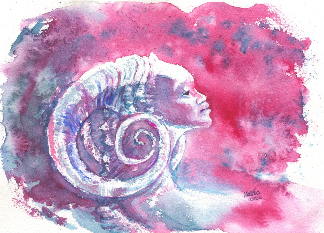 Watercolor painting of a fantastical woman with curled horns, shown in a side profile with only her face and shoulders visible. The colors are vibrant, featuring pinkish-red, gray, and hues of blue, creating a striking and otherworldly image. The artwork is A4 in size.