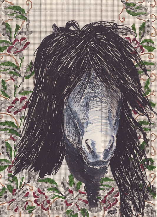 Mixed media artwork in collage and pen, featuring the face of an Icelandic horse with a luscious black mane, intricately drawn with pen. The background includes a printed earth-toned textile pattern, adding texture and depth to the composition. The artwork is A4 in size.