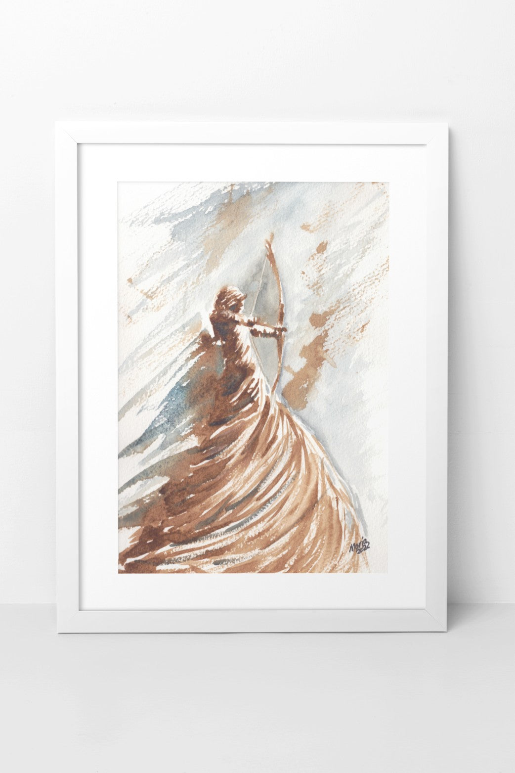 Earth-toned watercolor and coffee painting of a woman holding a bow and arrow, ready to shoot, as she looks to her right. She is painted in shades of brown, with light coming from the right, and wears a long, twisted dress that appears to rise from the earth beneath her. She stands high off the ground, giving an ethereal sense of elevation. The background features soft brown and blue hues. The A4-sized artwork is displayed in a white mock-up frame against a neutral background, emphasizing its earthy tones
