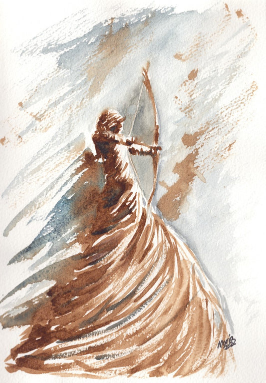 Earth-toned watercolor and coffee painting of a woman holding a bow and arrow, ready to shoot, as she looks to her right. She is painted in shades of brown, with light coming from the right, and wears a long, twisted dress that appears to rise from the earth beneath her. She stands high off the ground, giving an ethereal sense of elevation. The background features soft brown and blue hues. The artwork is A4 in size.