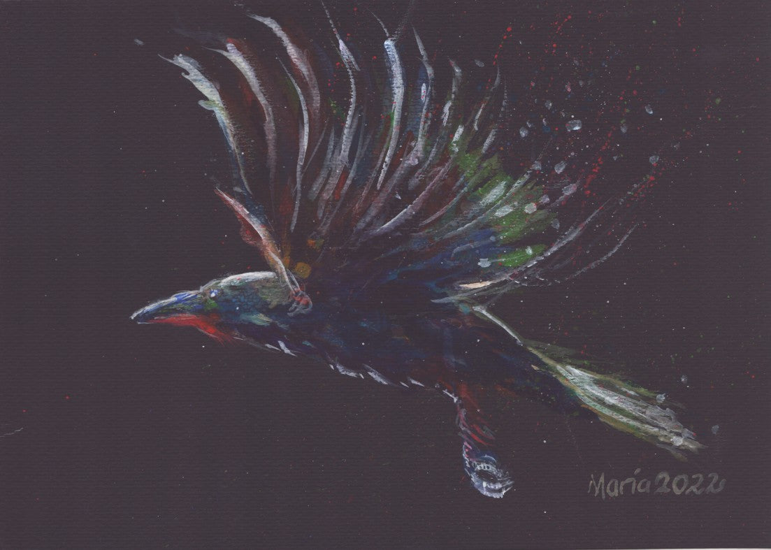 Gouache painting on black watercolor paper depicting a raven in mid-flight, shown in profile view. The bird is colored in soft shades of blue, green, white, and red, contrasting gently against the black background. The artwork is A4 in size.