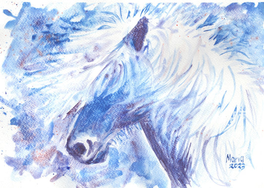 Titled Blámi, meaning 'blue hue' in Icelandic, this watercolor artwork features a profile of a horse's head painted in blue, purple, and touches of brown, contrasting against the white paper. The horse’s flowing white mane sways over its eyes as it gallops, creating a sense of motion and grace.