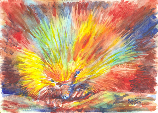 Watercolor painting depicting the front view of an echidna in bright and vibrant colors. The artwork features a lively mix of yellows, reds, greens, blues, and browns, creating a bold and dynamic portrayal of the animal. The artwork is A4-sized.