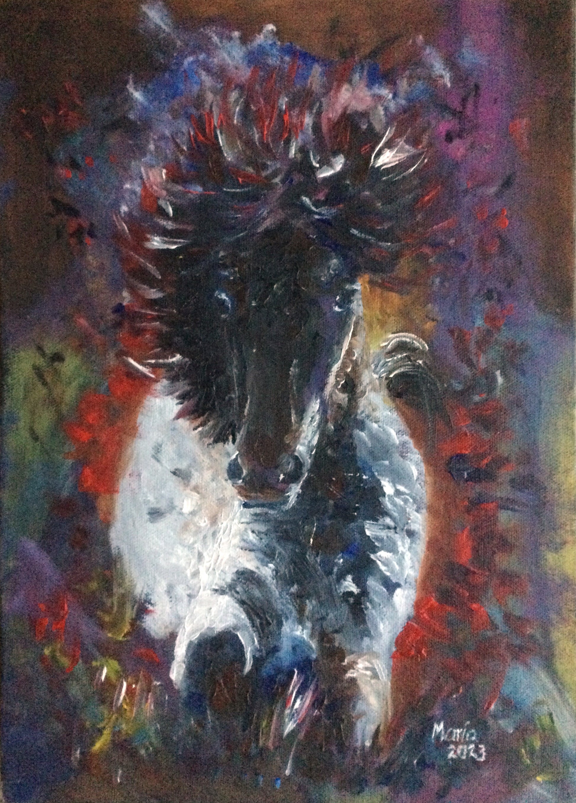 Oil on canvas painting of an Icelandic horse galloping straight ahead, viewed from the front, with its mane flowing in the air. The horse is primarily painted in black and white, while its mane features black, white, red, blue, and purple. The background is vibrant and colorful with shades of yellow, green, purple, red, black, and white, though the overall tone of the painting is dark. The size is 25x35cm.