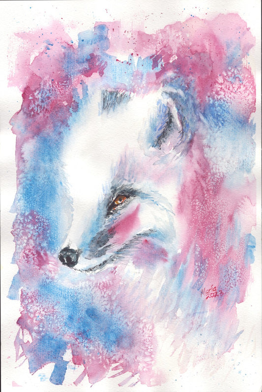 Watercolor painting of an Arctic fox, showing a close-up of its face as it looks to the left. The fox has fluffy white fur, brown eyes, a black nose, and a red brush stroke on its cheeks. The background features red, blue, and white hues. The artwork is slightly smaller than A3 in size.