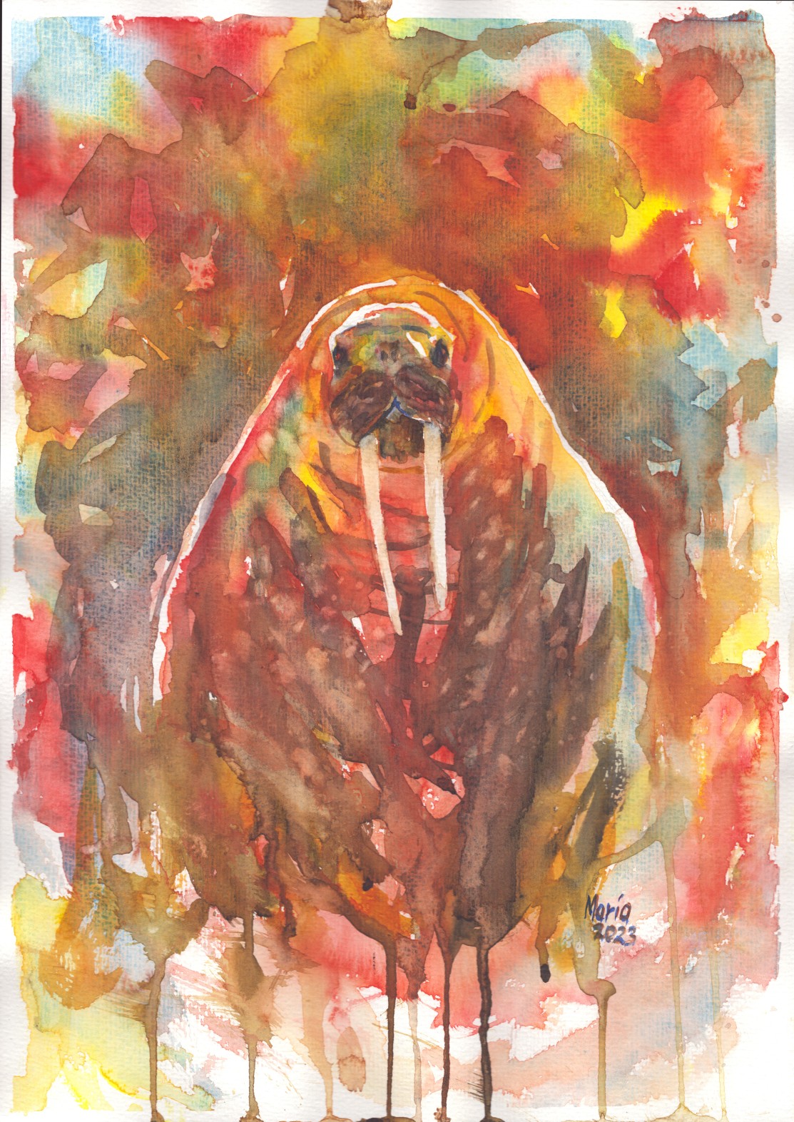 Watercolor painting of a walrus in earthy tones, depicted from the front. Both the walrus and the background feature hues of brown, red, yellow, green, blue, and white. The scene creates an impression of the walrus either peeking up from the water or walking on land. The artwork is A3-sized.
