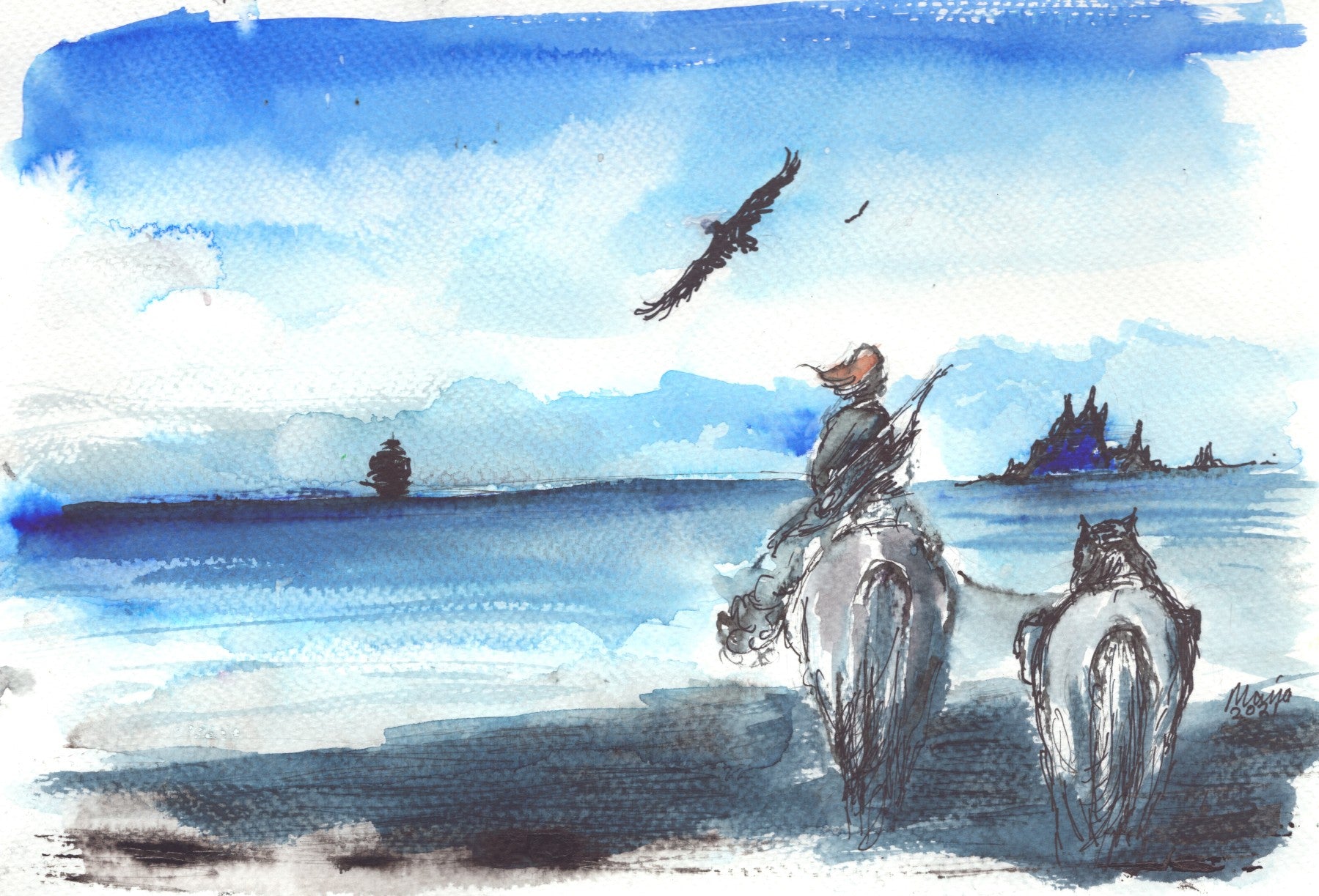 Watercolor and pen artwork of a woman on horseback, gazing out toward a fjord. She carries a bow and arrows in a pouch on her back, with a second horse beside her carrying supplies, signaling her as an adventurer. A raven flies across the sky, and in the distance, two rocky islands rise from the sea. The artwork is A4 in size.
